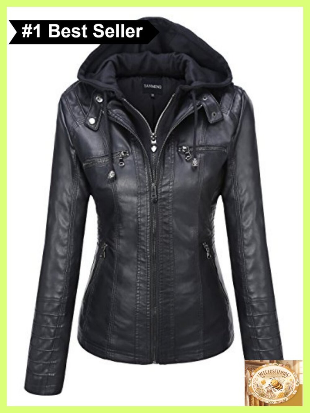 Faux Leather Moto Biker Jacket Hooded Detachable Zip Front